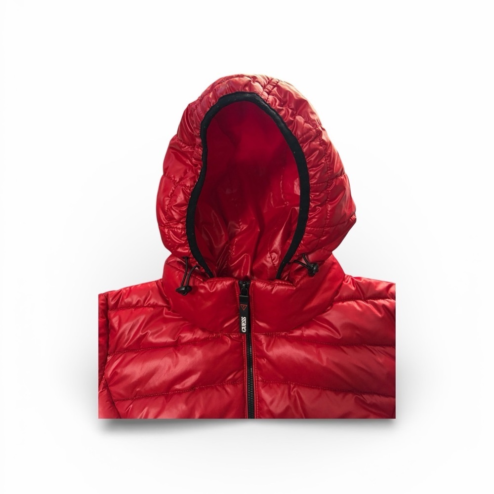 NEW GUESS Red black & white trim Puffer Jacket Hood sz. Medium *Warm*Trendy - Picture 4 of 9
